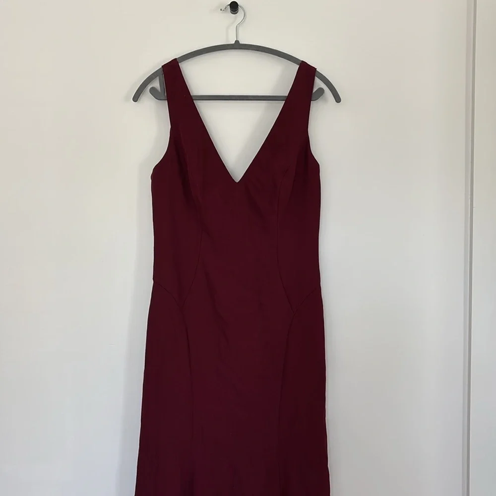 Dessy Collection vneck open back trumpet maroon red long maxi formal dress gown